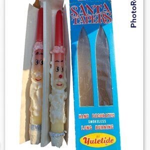 VINTAGE Yuletide Santa Taper Candles Box Set of 2 Hand Decorated Christmas